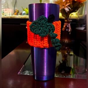 Crochet pumpkin coffee cozy